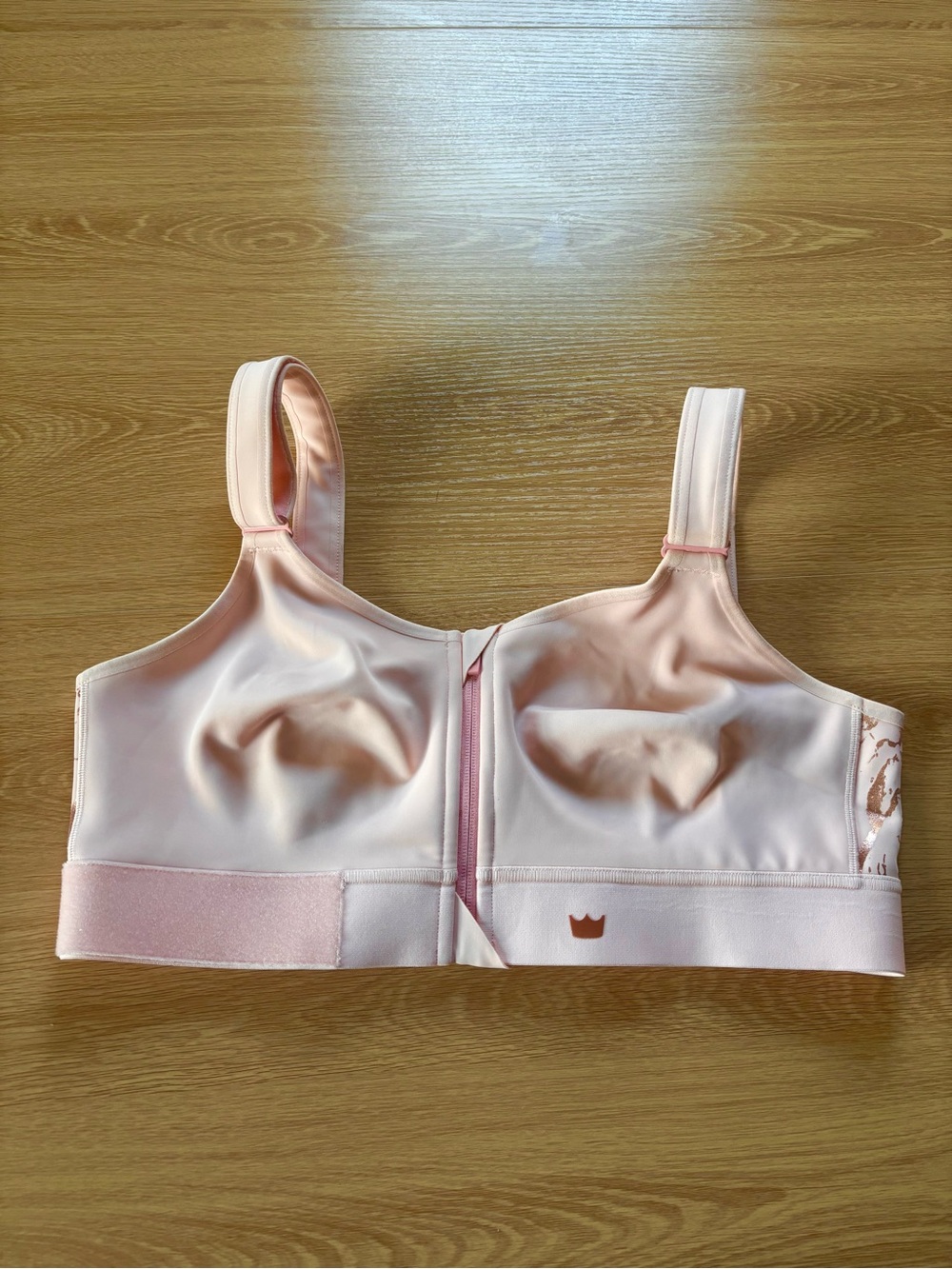 SHEFIT Pale Pink Sports Bra with Metallic Rose Accents